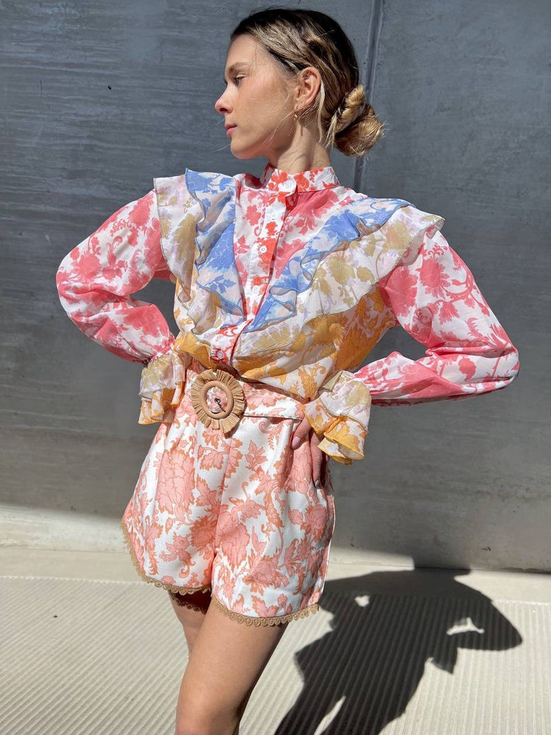 Print Ruffles Blouse & Shorts Coord Set With Belt