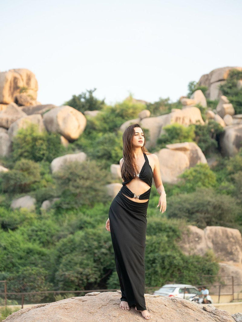 Butterfly Applique Halterneck Cutout Maxi Dress