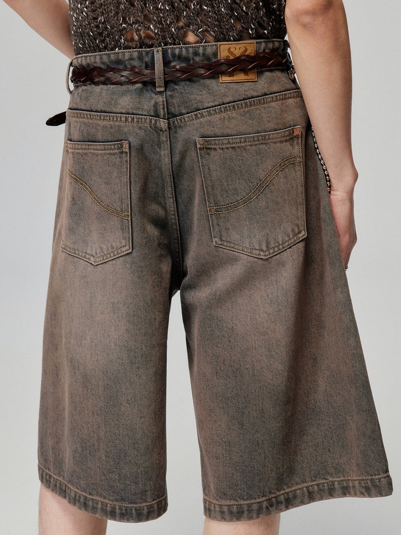 Washed Denim Wide Culotte Shorts