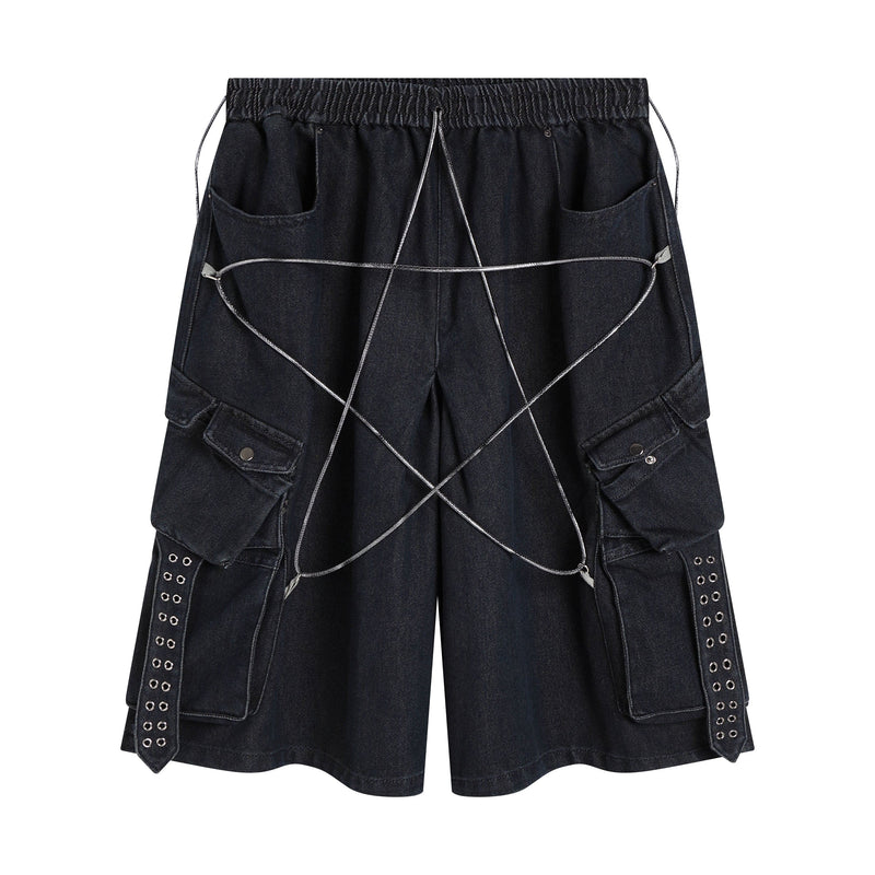 Star Drawstring Cargo Denim Shorts