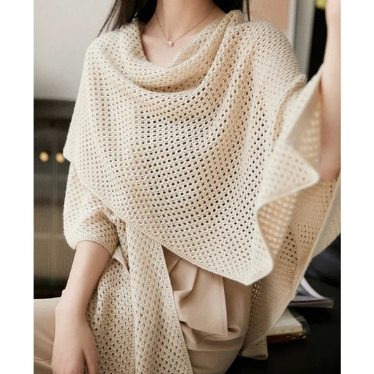 Knitted Loose Office Shawl Hollow Cardigan Cape Sweater