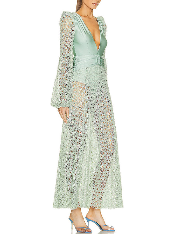 Belted Crochet-trimmed Netted-sleeve One Piece and Skirt