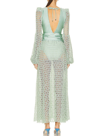 Belted Crochet-trimmed Netted-sleeve One Piece and Skirt