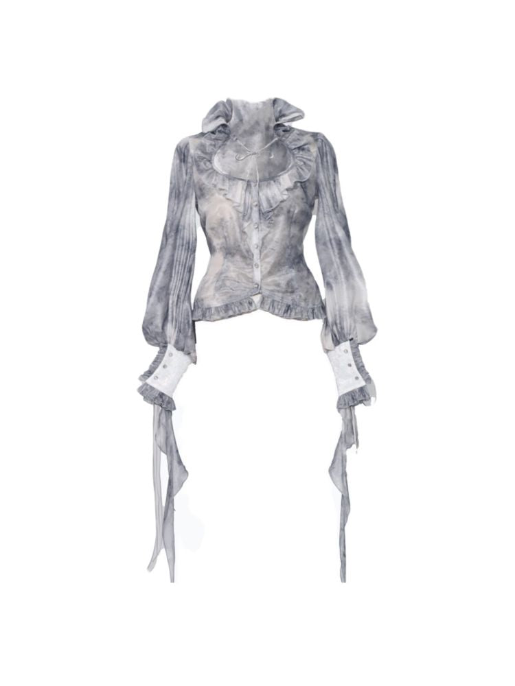 Victorian-style Blouse With Ruffled Collar and Billowing Sleeves