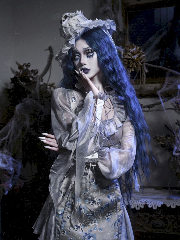 Victorian-style Blouse With Ruffled Collar and Billowing Sleeves