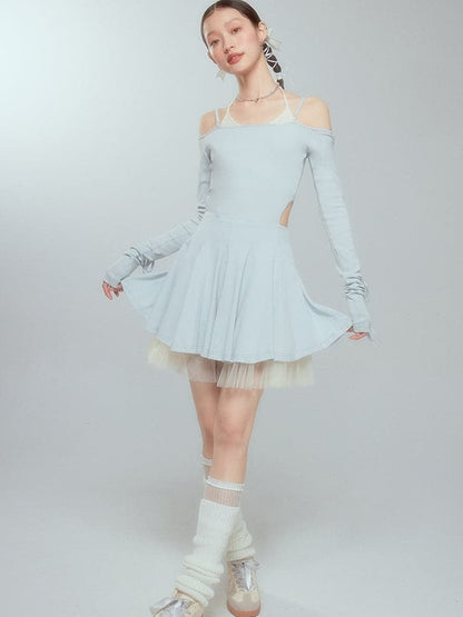 Layered Drawstring Back-open One-piece