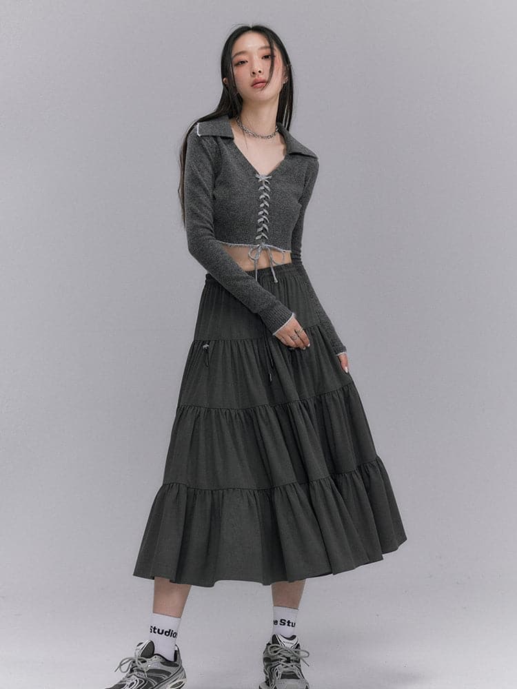 Crumply Flare Drawstring Tiered Long-skirt