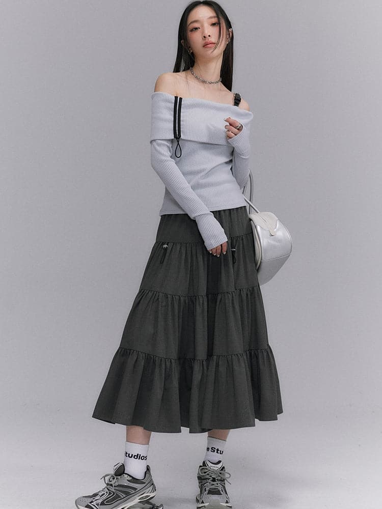 Crumply Flare Drawstring Tiered Long-skirt