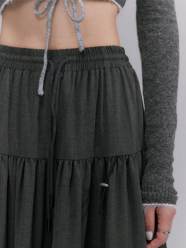 Crumply Flare Drawstring Tiered Long-skirt