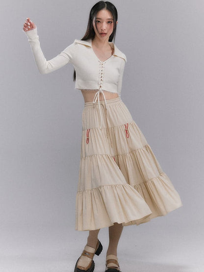 Crumply Flare Drawstring Tiered Long-skirt