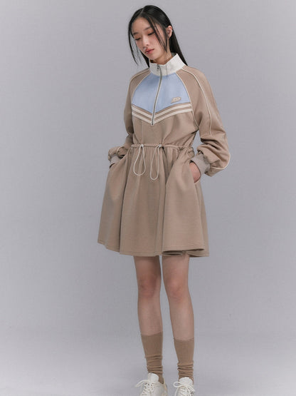 Sporty Flare Stand-collar Drawstring Jumpsuit