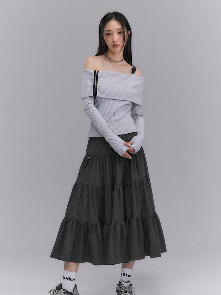 Crumply Flare Drawstring Tiered Long-skirt