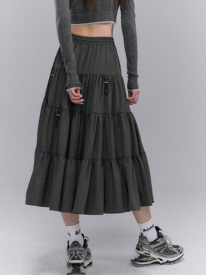 Crumply Flare Drawstring Tiered Long-skirt