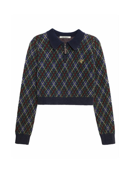Argyle Polo-neck V-neck Feminine Sweater
