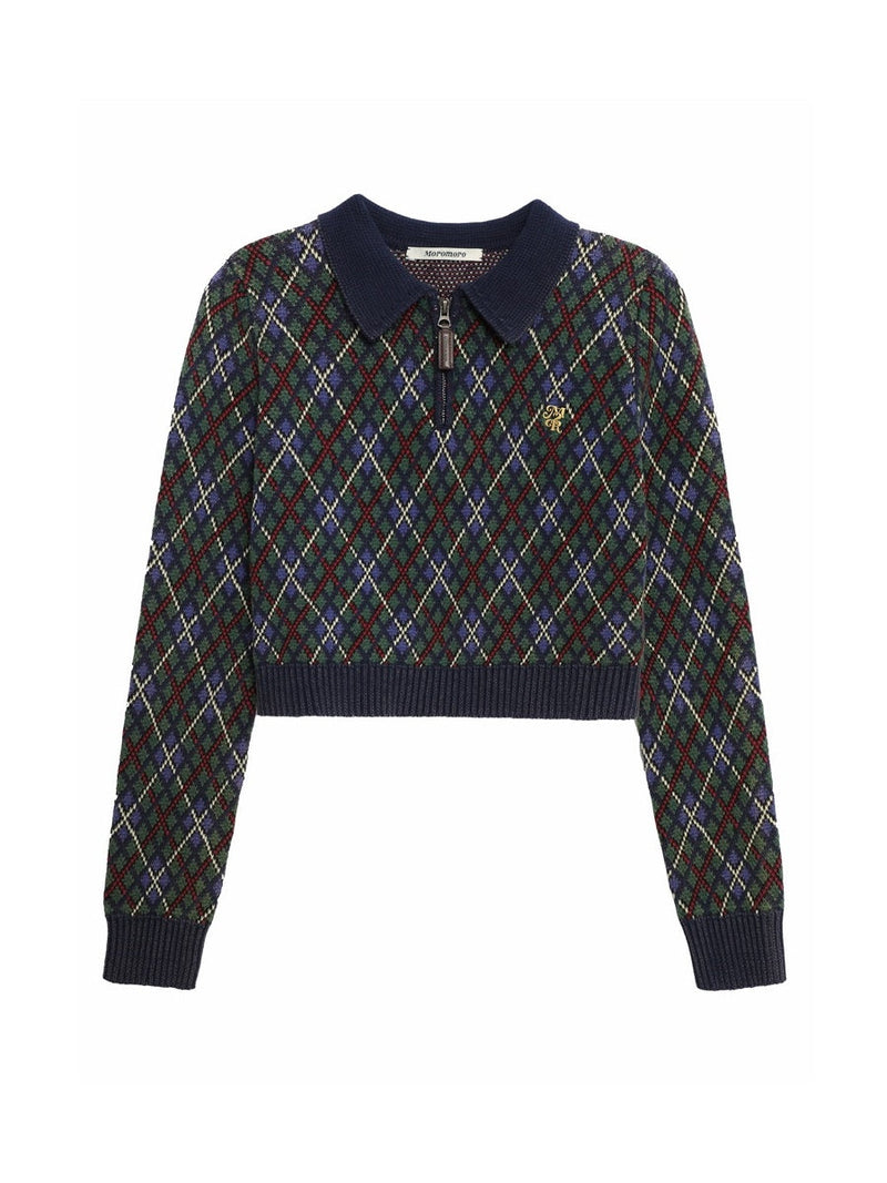 Argyle Polo-neck V-neck Feminine Sweater