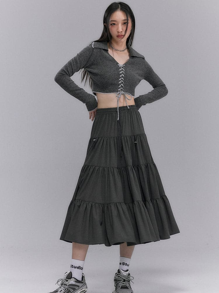 Crumply Flare Drawstring Tiered Long-skirt