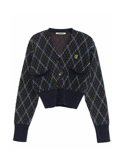 Argyle Polo-neck V-neck Feminine Sweater