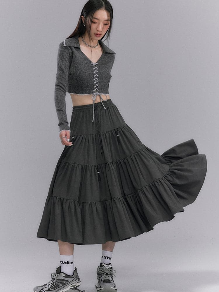Crumply Flare Drawstring Tiered Long-skirt