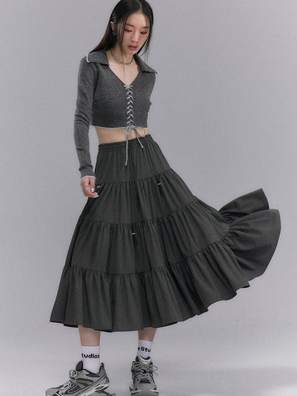 Crumply Flare Drawstring Tiered Long-skirt