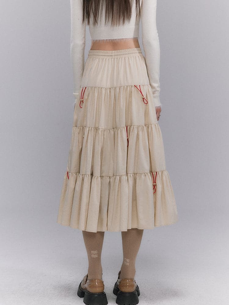 Crumply Flare Drawstring Tiered Long-skirt