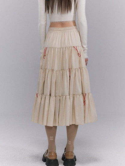 Crumply Flare Drawstring Tiered Long-skirt