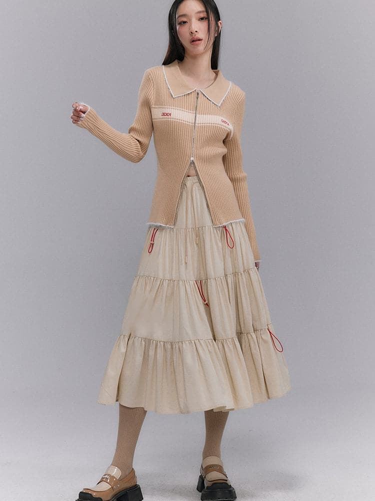 Crumply Flare Drawstring Tiered Long-skirt