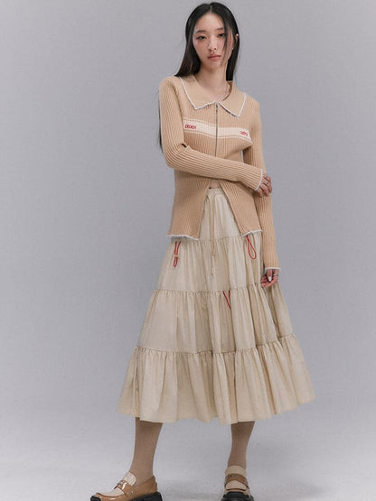 Crumply Flare Drawstring Tiered Long-skirt