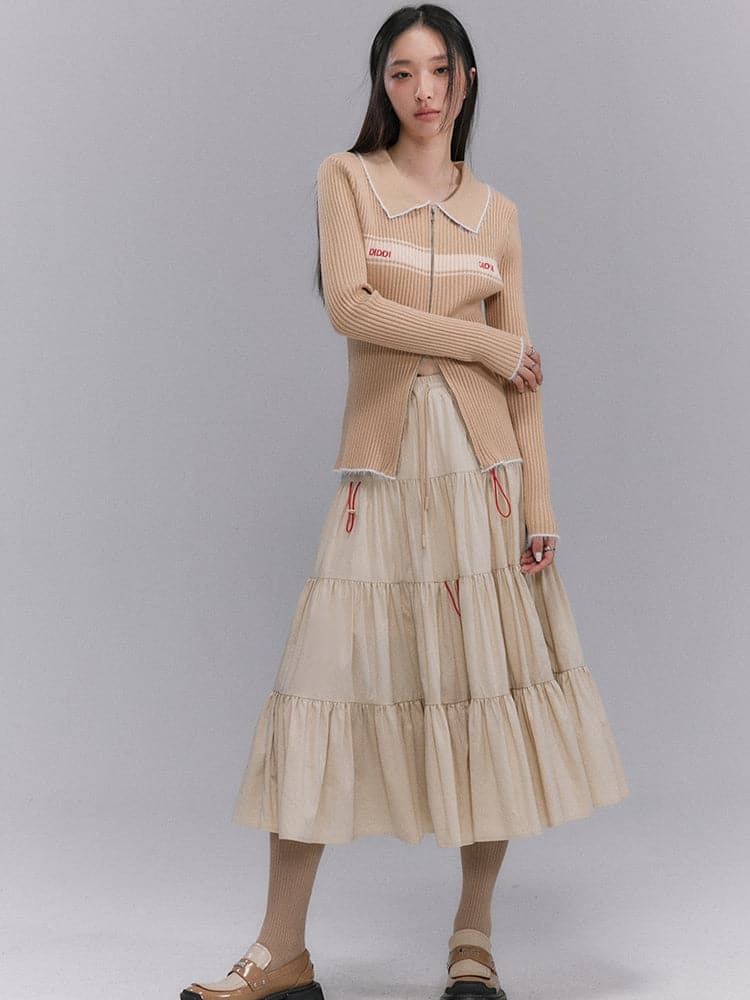 Crumply Flare Drawstring Tiered Long-skirt