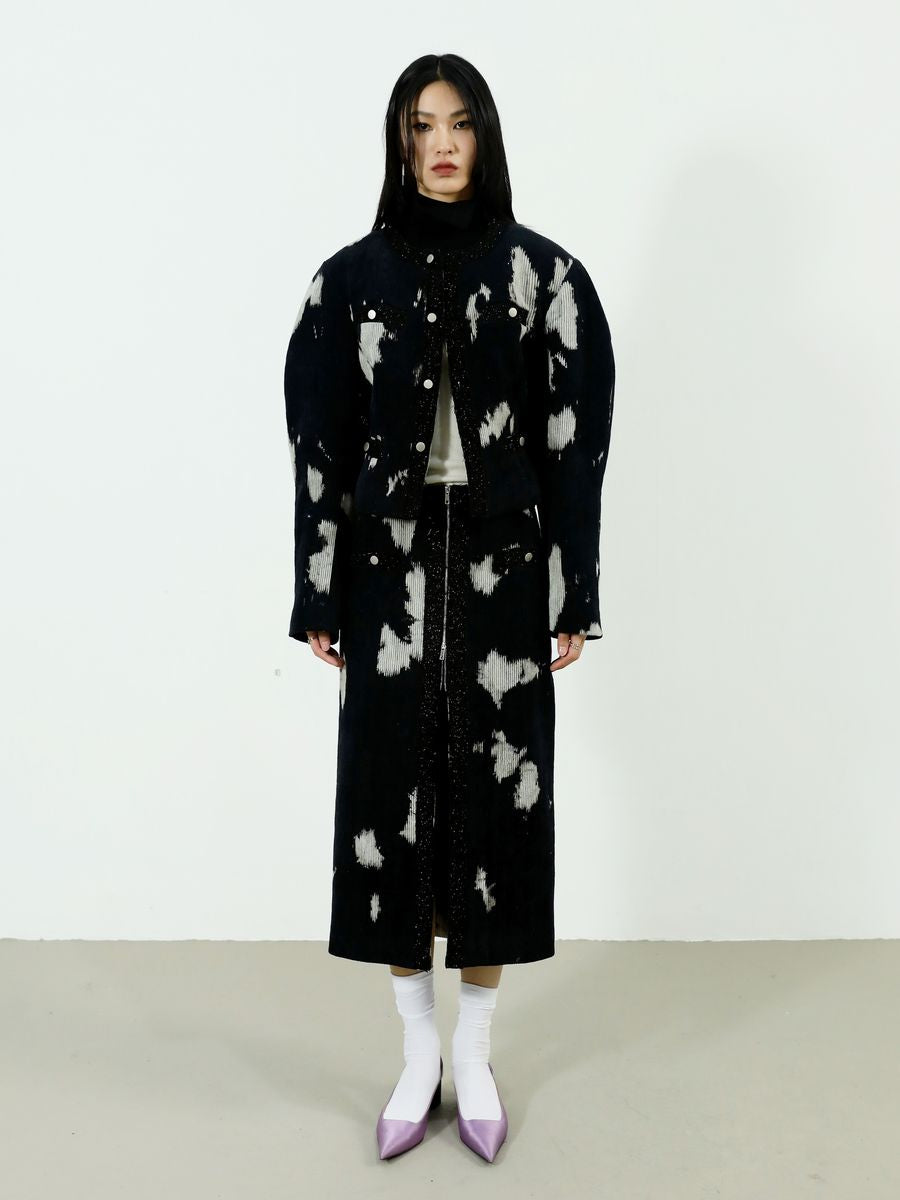 Speckled Corduroy Long-skirt With Fastener Slit