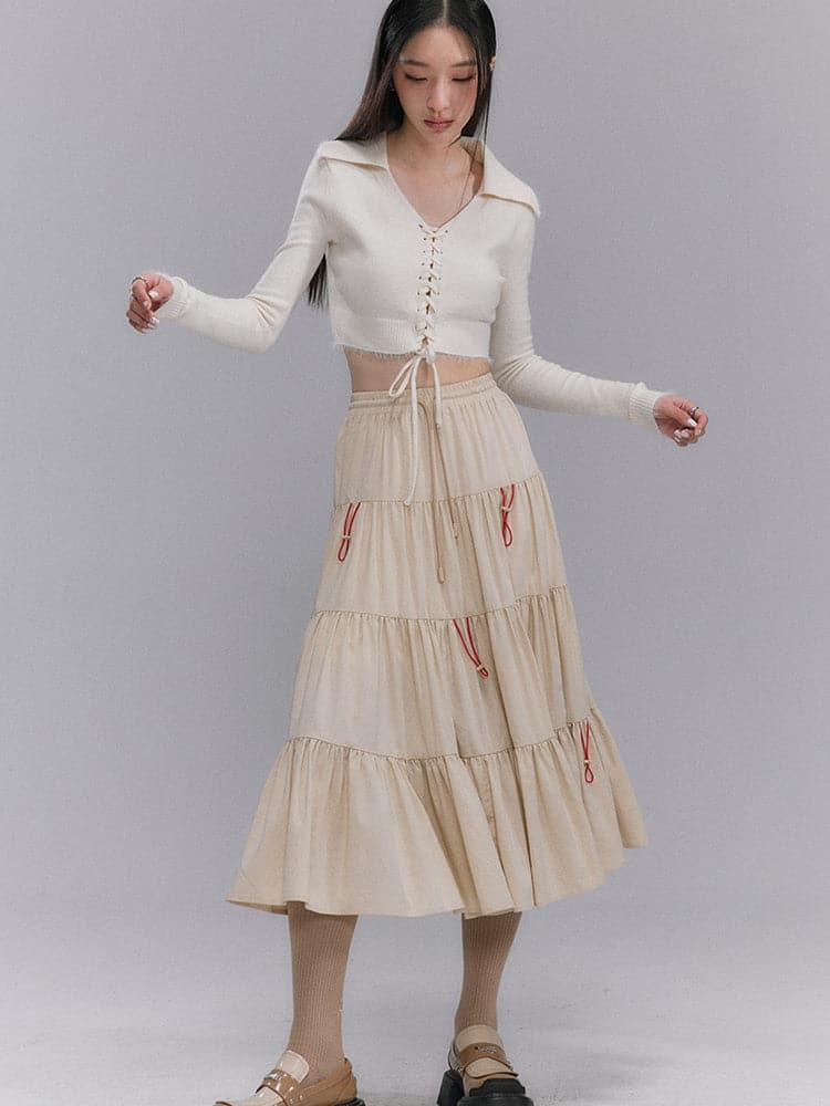 Crumply Flare Drawstring Tiered Long-skirt