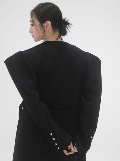 Power-shoulder Long Coat