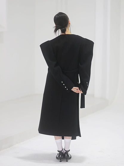 Power-shoulder Long Coat