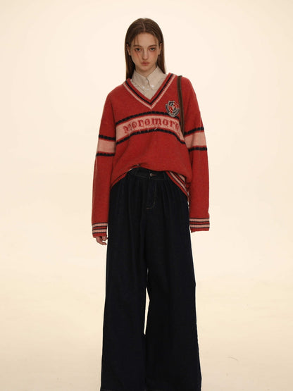 Retro Border Knit V-neck Sweater