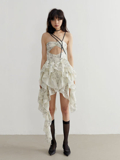 Fluffy Asymmetrical Front-cut Bare-top One-piece
