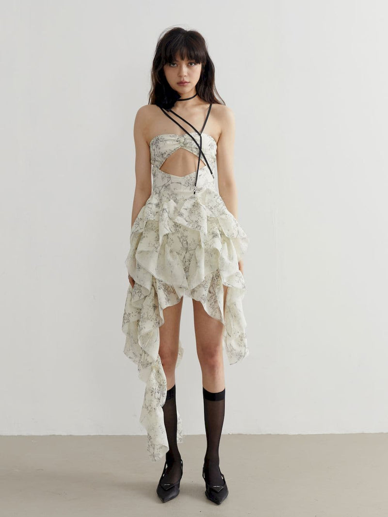 Fluffy Asymmetrical Front-cut Bare-top One-piece