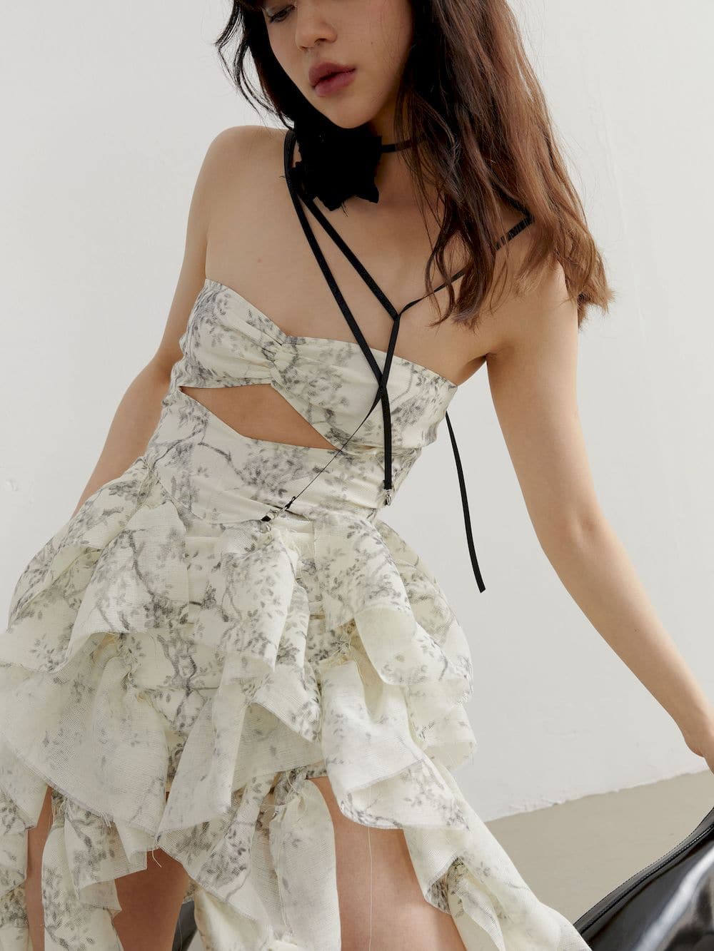 Fluffy Asymmetrical Front-cut Bare-top One-piece