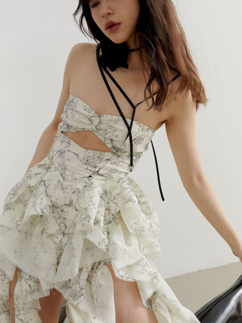 Fluffy Asymmetrical Front-cut Bare-top One-piece