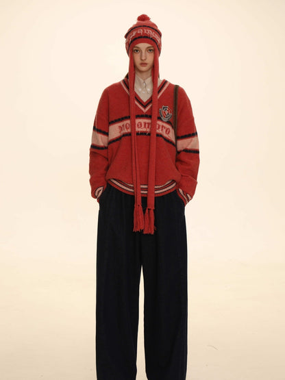 Retro Border Knit V-neck Sweater
