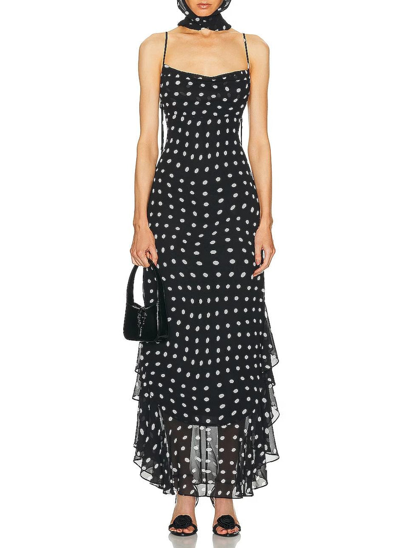 Black and Cream Polka Dot Ruffle Maxi Dress