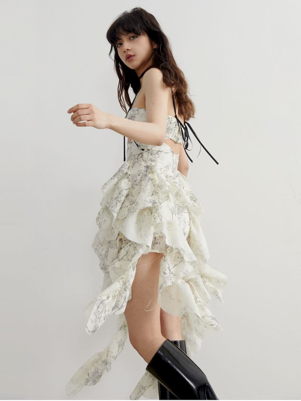 Fluffy Asymmetrical Front-cut Bare-top One-piece