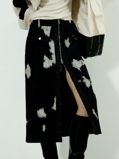 Speckled Corduroy Long-skirt With Fastener Slit
