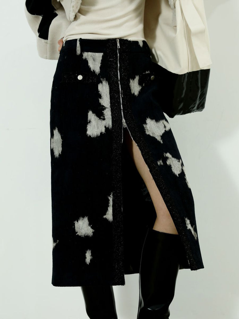 Speckled Corduroy Long-skirt With Fastener Slit