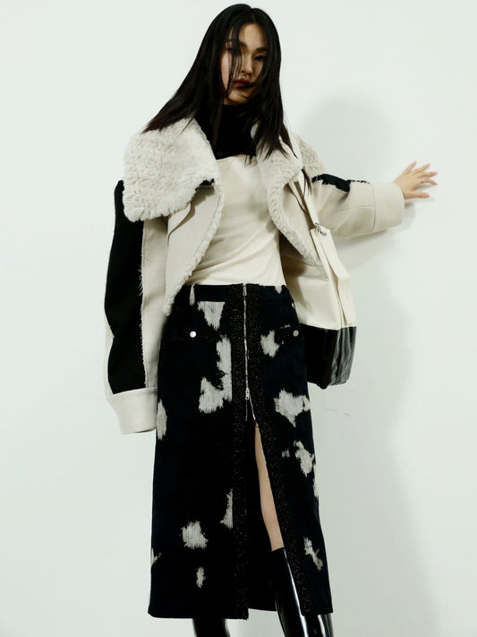 Speckled Corduroy Long-skirt With Fastener Slit