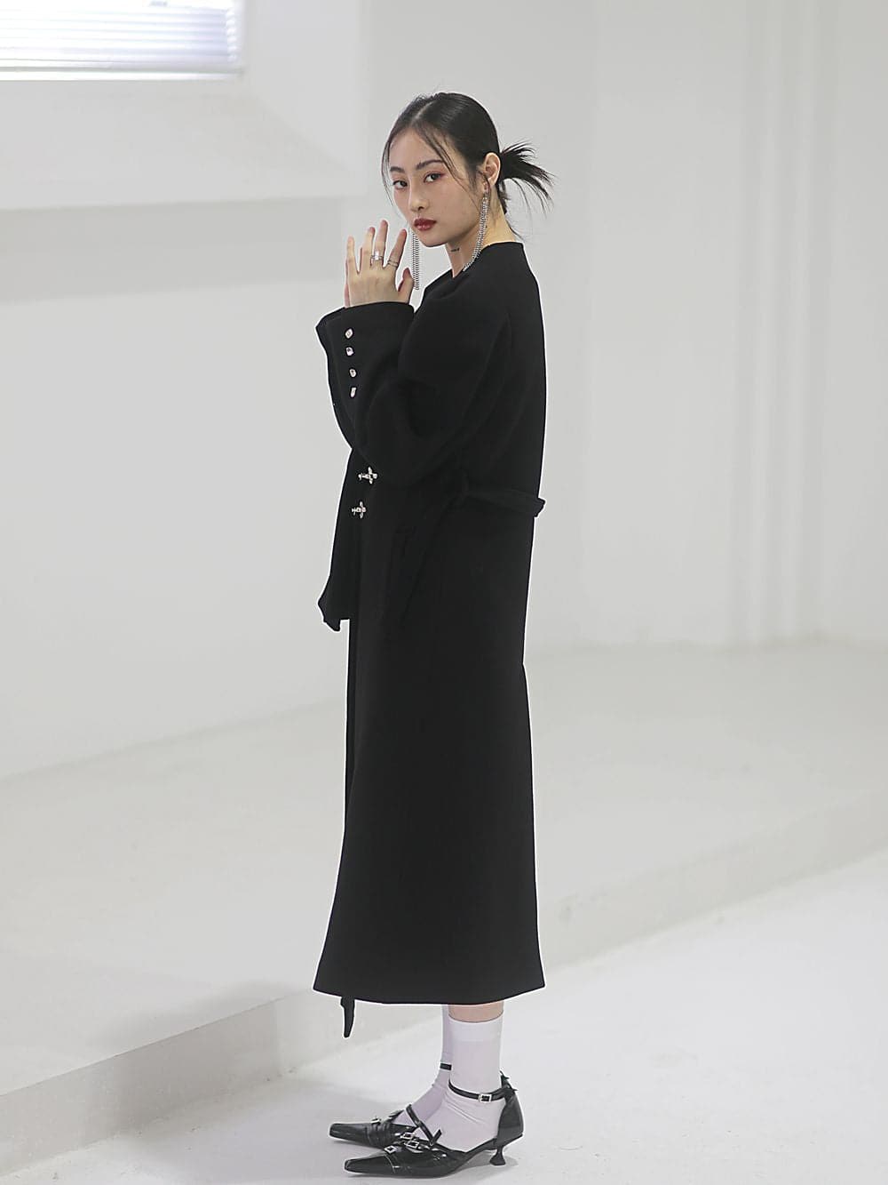 Power-shoulder Long Coat