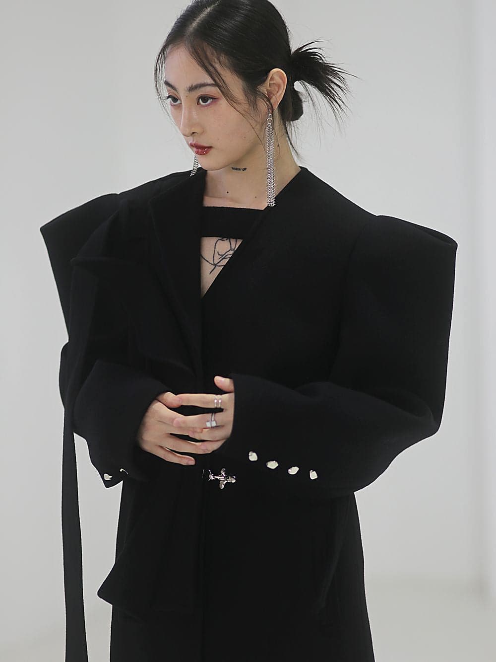 Power-shoulder Long Coat
