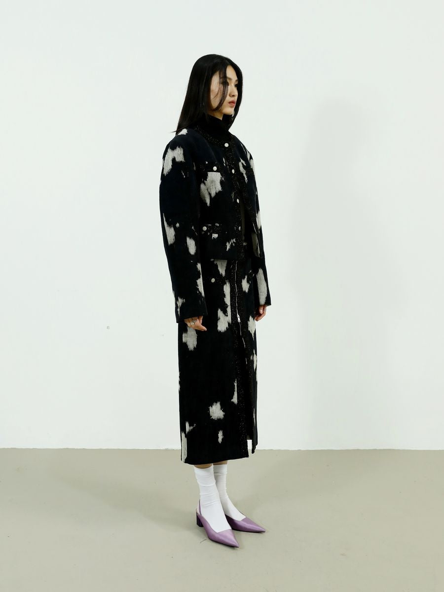 Speckled Corduroy Long-skirt With Fastener Slit