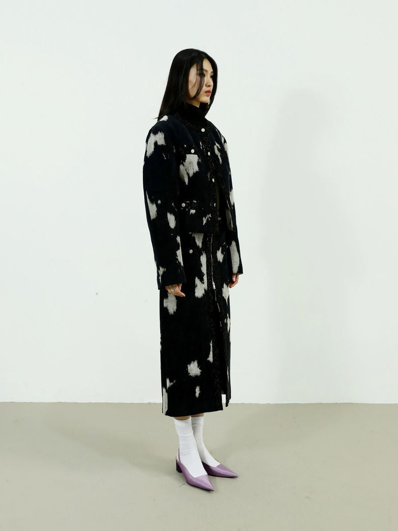 Speckled Corduroy Long-skirt With Fastener Slit