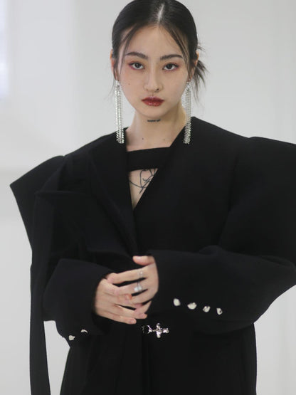 Power-shoulder Long Coat