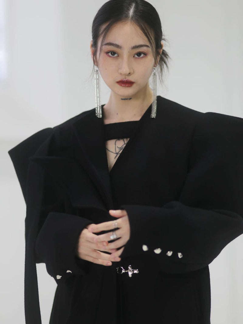 Power-shoulder Long Coat