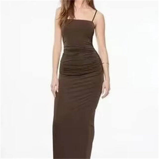 Slim Pleated Suspender Fashionable Maxi Dress